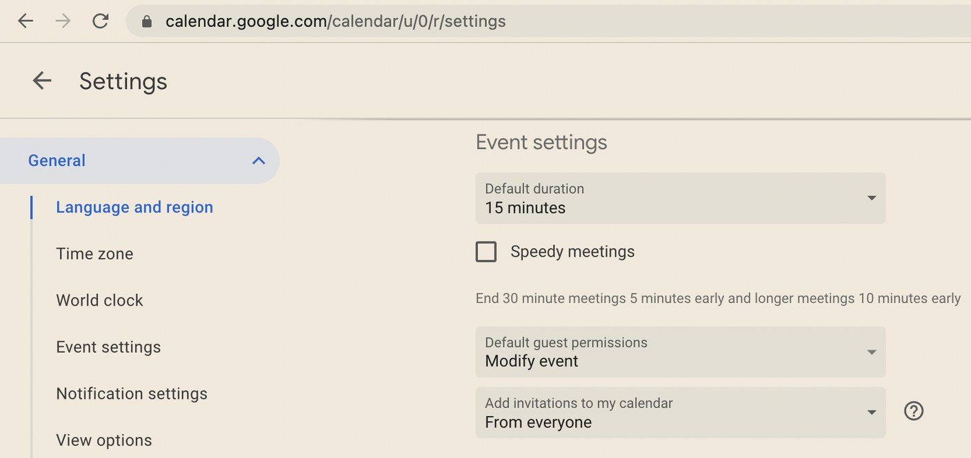Google Calendar general settings, showing a default event duration of 15 minutes and default guest permissions set to Modify event.