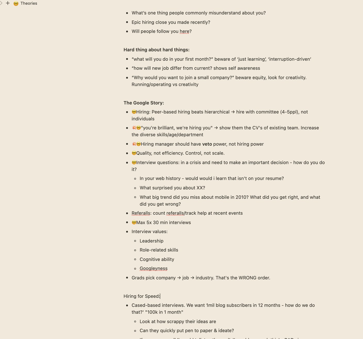 A Notion note on interviewing, with sections headed Hard thing about hard things and The Google Story, covering peer-based hiring, veto power for the hiring manager and a list of interview values.