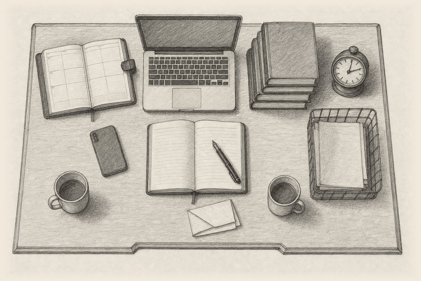 A writing desk drawn in pencil and seen from above, carrying an open diary, a laptop, a stack of books, a clock, a phone lying face down, an open notebook with a fountain pen, a letter tray, two mugs and a folded letter.